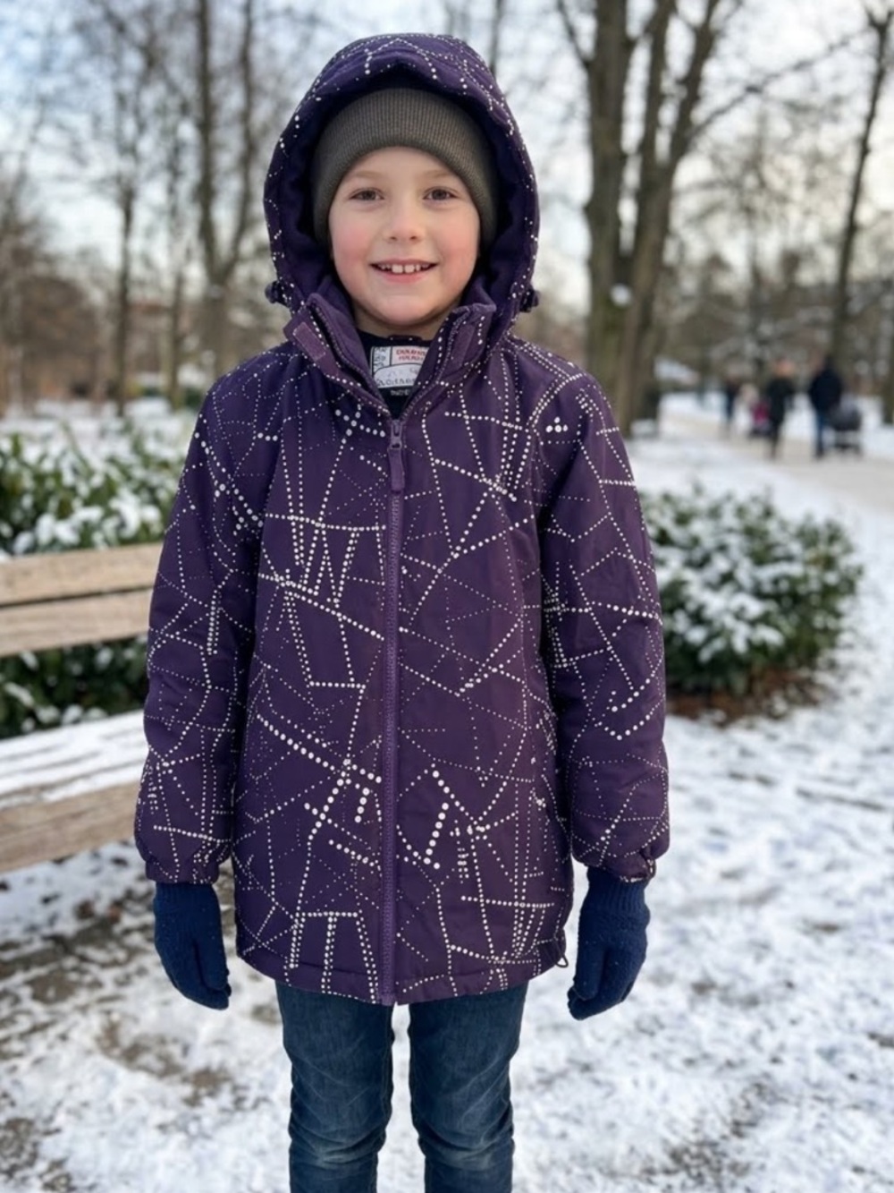 Kids Purple Hooded Winter Coat with Reflective Dot Pattern